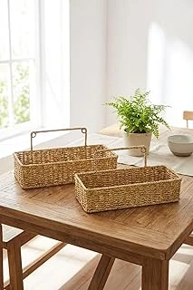 2'Li Duvar Askılı Plastik Rattan Organizer Sepeti, Dikdörtgen Hasır Görünümlü Banyo Mutfak Raf Düzenleyici, 28X10X7 Cm 31X12X7 Cm ürün görseli 1