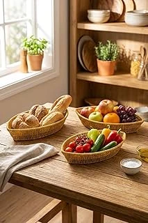 Kayık Formlu Plastik Rattan Sepet Seti, Hasır Görünümlü, Ekmek Meyve Sunum Sepetleri, 3 Parça, Çok Amaçlı Organizer, 27X15X5 Cm, 30X18X5 Cm, 33X20X5 Cm ürün görseli 1