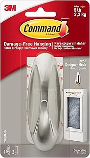 Command Büyük Tasarımcı Kanca, 5 Lbs'Ye Kadar Tutar, 2 Command Şeritli 1 Duvar Kancası, Fırçalanmış Nikel Rengi, Yaşam Alanlarında Süslemeleri Asmak Için Hasarsız Asma Kancaları ürün görseli 1