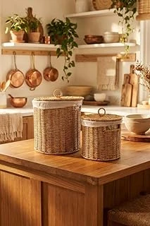 Rattan Hasır Patates Soğan Ekmek Saklama Sepeti - 2'Li Set Kapaklı Bez Astarlı ürün görseli 1