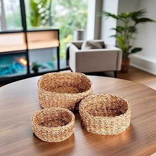 Deconox 3'Lü Rustik El Yapımı Doğal Yuvarlak Hasır Düzenleyici Seti | 3'Lü Hasır Yuvarlak Organizer Seti – Dekoratif, Çok Amaçlı Dayanıklı Rattan Sepetler (30X30X12Cm – 25X25X10Cm – 20X20X8Cm) ürün görseli 1