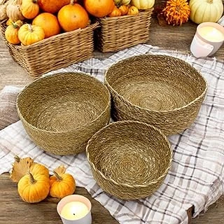 Deconox 3'Lü Rustik El Yapımı Doğal Yuvarlak Hasır Düzenleyici Seti | 3'Lü Hasır Yuvarlak Organizer Seti – Dekoratif, Çok Amaçlı Dayanıklı Rattan Sepetler (30X12Cm – 25X10Cm – 20X8Cm) ürün görseli 1