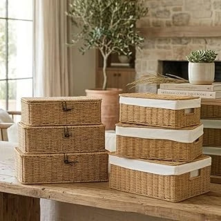 3'Lü Dekoratif Organizer Sepet Seti - Çok Amaçlı Rattan Hasır Düzenleyici - Banyo, Mutfak Dolap İçi Saklama Kutusu Takımı (3'Lü Rattan Sepet Bezli) ürün görseli 1