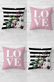 Pelangi Love Yazılı Çiçekli Kombin Gizli Fermuarlı Kırlent Kılıfı Koltuk Yastık Kılıfı Takım(4Adet), Pembe-Siyah 43 X 43 ürün görseli 1