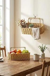 2'Li Duvar Askılı Oval Plastik Rattan Organizer Sepeti, Hasır Görünümlü Banyo Mutfak Raf Düzenleme Ünitesi, 28X10X7Cm 31X12X7Cm ürün görseli 1