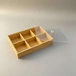 Bambu Organizer Kutu, 6 Bölmeli, Şeffaf Kapaklı, Kristal Kulplu, 30X20X6 Cm, Çay Baharat Düzenleyici, Takı Düzenleyici ürün görseli 1