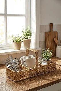 3 Bölmeli Hasır Sepet Organizer Saplı, Mutfak Banyo Ofis Çok Amaçlı Düzenleyici, Plastik Rattan Kaşıklık Sepeti, 40X13X17 Cm ürün görseli 1