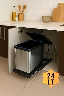 Cassone Krom, Dolap Içi Teleskopik Raylı Paslanmaz Krom Kovası 24 Litre, Minimum Kapak Genişliği 40 Cm. ürün görseli 1