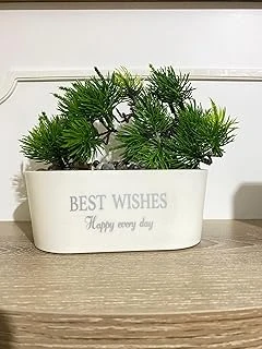 Dekoratif Yapay Bonsai Ağacı - Taşlı "Best Wishes" Yazılı Gri Oval Saksıda Mini Çam Ağacı, Ev, Ofis, Çalışma Masası Hediyelik Yapay Bitki (Beyaz) ürün görseli 1