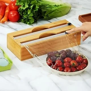 Deconox Bambu Streç Film Folyo Düzenleyici, Kaydırılabilir Kesicili, 2'Si 1 Arada Mutfak Çekmece İçi Tezgah Üstü Organizer, Alüminyum Folyo Yağlı Kağıt Saklama Kutusu (35,5 Cm) ürün görseli 1