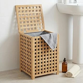 Deconox Kare Bambu Çamaşır Sepeti (40X40X56 Cm) - İçi Bezli, Kapaklı Doğal Ahşap Kirli Sepeti ürün görseli 1