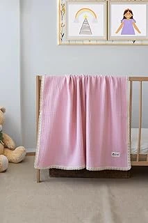 Sallhomee Pamuklu 4 Katlı Müslin Dantelli Bebek Battaniyesi, Pembe, Antibakteriyel, Düz Desen ürün görseli 1