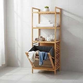 Deconox Doğal Bambu 3 Katlı Banyo Rafı Çamaşır Sepeti Havluluklu Ahşap Düzenleyici (40X30X119 Cm) ürün görseli 1