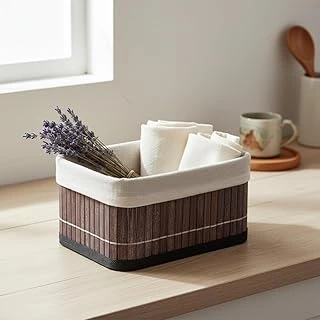 Deconox Mini Dikdörtgen Bambu Düzenleyici Saklama Sepeti – Gri Ahşap Banyo, Makyaj Ofis Organizeri, Kumaş Astarlı Dekoratif Kutu (20X15X10 Cm) ürün görseli 1