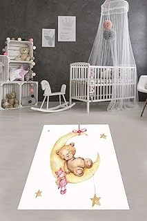 Pelangi Ayda Sallanan Ayıcık Desen Renkli Dijital Baskı Yıkanabilir Kaymaz Taban Bebek Çocuk Odası Halısı, Beyaz-Bal 180 X 280 ürün görseli 1