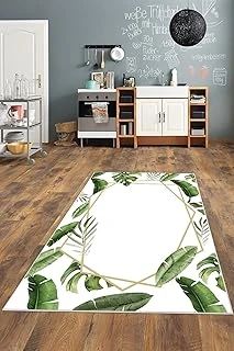 Pelangi Beyaz Zemin Yaprak Desen Yıkanabilir Kaymaz Taban Tutmaz Salon Halısı Yolluk, Yeşil-Beyaz 100 X 250 ürün görseli 1
