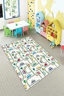 Pelangi Beyaz Araba Yollu Yıkanabilir Kaymaz Taban Tutmazbebek Çocuk Odası Halısı, Beyaz 120 X 200 ürün görseli 1