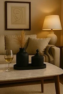 3 Parçalı Siyah Dekoratif Set – Çizgili Vazo, Kapaklı Mumluk & Oval Tepsi ürün görseli 1