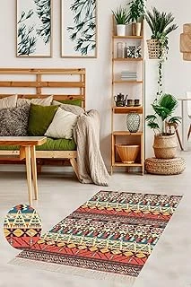 Pelangi Kilim Desenli Etnik Dijital Baskı Yıkanabilir Kaymaz Taban Salon Halı Yolluk, Turuncu-Petrol 80 X 600 ürün görseli 1