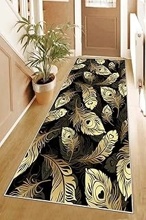 Pelangi Gold Kuş Tüyü Desenli Dijital Baskı Yıkanabilir Kaymaz Taban Salon Halısı Yolluk, Gold-Siyah 100 X 400, 95548601004007 ürün görseli 1