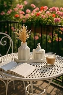3 Parçalı Beyaz Dekoratif Set – Çizgili Vazo, Kapaklı Mumluk & Oval Tepsi ürün görseli 1