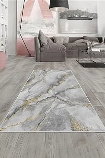 Pelangi Beyaz Mermer Desenli Yıkanabilir Kaymaz Taban Tutmaz Salon Halısı Yolluk, Gri-Gold 120 X 180 ürün görseli 1