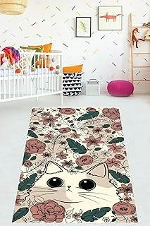 Pelangi Çiçekler Arasındaki Yıkanabilir Kaymaz Taban Tutmaz Çocuk Odası Halısı, Yeşil-Bej-Bordo 160 X 300 ürün görseli 1