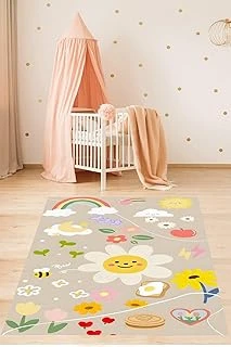 Pelangi Renkli Çiçek Gökkuşağı Güneş Desenli Yıkanabilir Kaymaz Taban Tutmaz Çocuk Odası Halısı, Gri-Beyaz-Sarı 120 X 160 ürün görseli 1