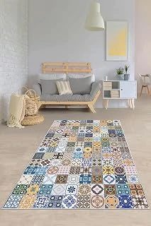 Pelangi Çok Renkli Mozaik Desenli Yıkanabilir Kaymaz Taban Tutmaz Salon Halısı Yolluk, Mavi-Beyaz 160 X 350 ürün görseli 1