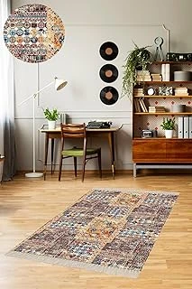 Pelangi Kırkyama Patchwork Desenli Etnik Dijital Baskı Yıkanabilir Kaymaz Taban Salon Halı Yolluk, Bej-Mavi 60 X 120 ürün görseli 1