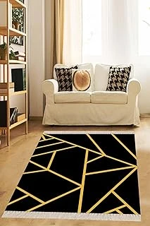 On The Clouds Gold Çizgili Geometrik Desenli Dijital Baskı Yıkanabilir Salon Halı Yolluk (Siyah) Bfogeo5, 80 X 600 ürün görseli 1