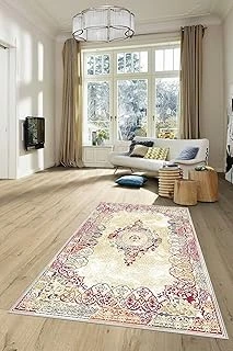 Pelangi Klasik İşleme Desenli Dijital Baskı Yıkanabilir Kaydırmaz Taban Salon Halısı, Fuşya-Krem 160 X 300 ürün görseli 1