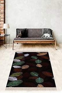Pelangi Kuş Tüyü Yaprak Desenli Yıkanabilir Dijital Baskılı Kaymaz Taban Tutmaz Salon Halısı Yolluk, Siyah 120 X 200, 910356120200728 ürün görseli 1