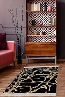 Pelangi Mermer Desenli Dijital Baskı Yıkanabilir Kaymaz Taban Salon Halı Yolluk, Siyah-Altın 160 X 350 ürün görseli 1