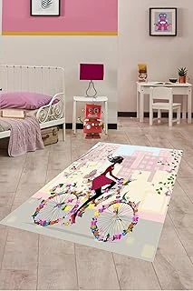 Pelangi Bisiklet Süren Kız Çiçekli Kelebekli Dijital Baskı Yıkanabilir Kaymaz Taban Çocuk Odası Halısı, Çok Renkli 160 X 300 ürün görseli 1