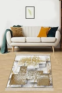 Pelangi Mermer Ağaç Desenli Etnik Dijital Baskı Yıkanabilir Kaymaz Taban Salon Halı Yolluk, Beyaz-Gold 160 X 350 ürün görseli 1