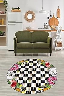 Pelangi Çiçekli Dama Desenli Dijital Baskı Yıkanabilir Kaymaz Taban Yuvarlak Salon Halısı, Siyah-Krem 180 X 180, 9998002918018005 ürün görseli 1