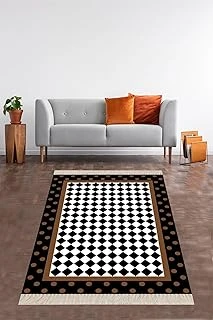 Pelangi Geometrik Karo Desenli Dijital Baskı Yıkanabilir Kaymaz Taban Salon Halısı, Siyah-Beyaz 180 X 300 ürün görseli 1