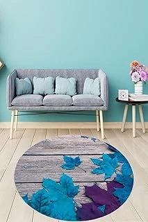 Pelangi Turkuvaz Yaprak Ahşap Desenli Dijital Baskı Yıkanabilir Kaymaz Taban Yuvarlak Salon Halısı, Turkuaz-Gri 100 X 100, 9998002410010005 ürün görseli 1