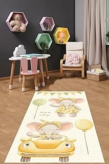 Pelangi Piti Kare Zemn Sevimli Arabalı Balonlu Fil Yıkanabilir Kaymaz Taban Tutmaz Çocuk Odası Halısık, Sarı-Yeşil 180 X 300 ürün görseli 1