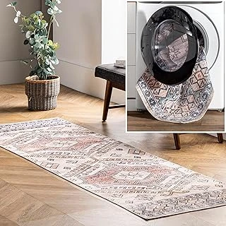 Nuloom Mae Makinede Yıkanabilir Tribal Motif Yolluk Halı, 2' 6" X 12', Şeftali ürün görseli 1
