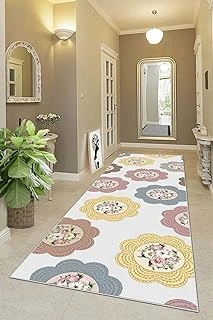 Pelangi Çiçek Desenli Çiçekli Dijital Baskı Yıkanabilir Kaymaz Taban Salon Halısı Yolluk, Bej-Pembe 80 X 200, 955574011802007 ürün görseli 1