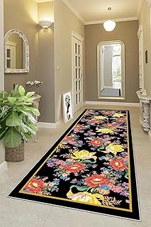 Pelangi Çiçek Desenli Dijital Baskı Yıkanabilir Kaymaz Taban Salon Halısı Yolluk, Siyah 80 X 50, 95551360800507 ürün görseli 1