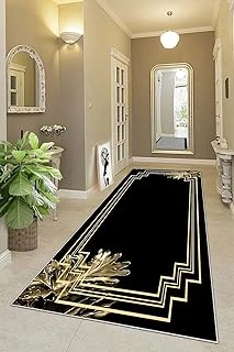 Pelangi Gold Yaprak Desenli Çerçeveli Dijital Baskı Yıkanabilir Düz Salon Halısı Yolluk, Siyah 80 X 350, 9554252803507 ürün görseli 1
