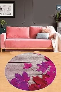 Pelangi Fuşya Yaprak Desenli Yıkanabilir Kaymaz Taban Yuvarlak Salon Halısı, Fuşya 120 X 120, 9998002212012005 ürün görseli 1