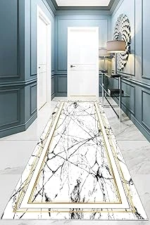 Pelangi Beyaz Zemin Gold Çerçeveli Mermer Desenli Dijital Baskı Yıkanabilir Kaymaz Taban Salon Halısı Yolluk, Beyaz 100 X 150, 95553471001507 ürün görseli 1