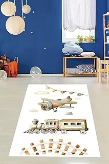Pelangi Uçak Tren Desenli Pastel Renkli Yıkanabilir Kaymaz Taban Tutmaz Çocuk Odası Halısı, Beyaz-Yeşil-Kahverengi 100 X 400, 764205610040005 ürün görseli 1