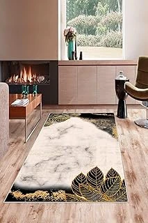 Pelangi Siyah Gül Yaprak Desenli Yıkanabilir Kaymaz Taban Tutmaz Salon Halısı Yolluk, Krem-Siyah 80 X 600 ürün görseli 1