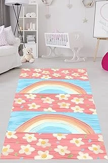Pelangi Renkli Çiçekler Gökkuşağı Yıkanabilir Kaymaz Taban Tutmaz Çocuk Odası Halısı, Mavi-Pembe 80 X 200 ürün görseli 1