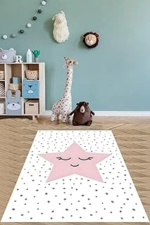Pelangi Kirpik Desen Pembe Yıldız Yıkanabilir Kaymaz Taban Tutmaz Çocuk Odası Halısı, Beyaz-Gri-Pembe 80 X 50 ürün görseli 1